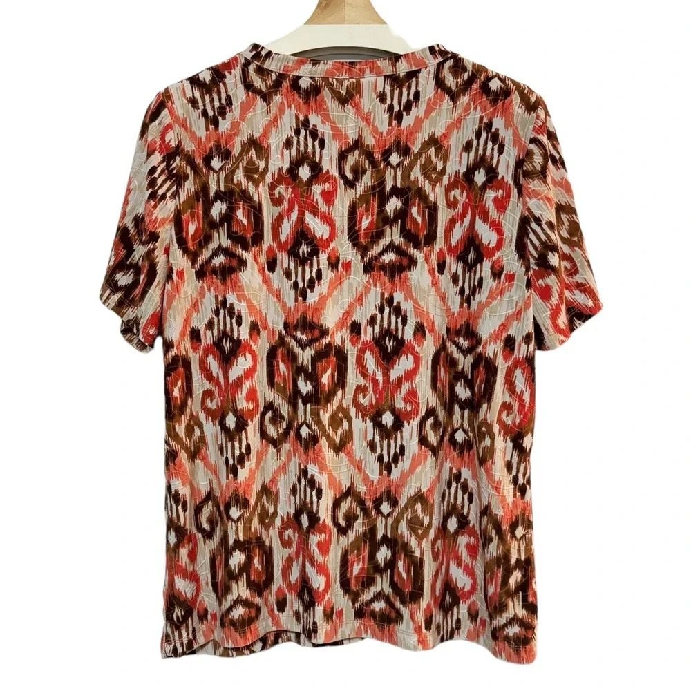 JM Collection Top Womens 0X Paisley Orange Tan Short Sleeve Jacquard Stretch - Picture 2 of 6